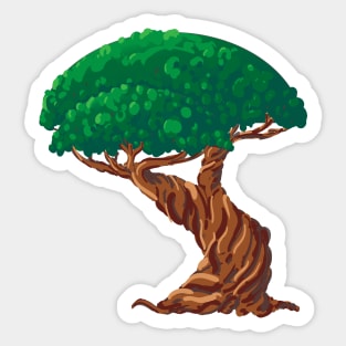 Tree Illustration with Bright Green Foliage and Gnarled Brown Trunk Sticker